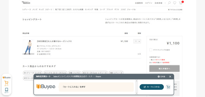 サイト内でカートに欲しい商品を投入した時の画面